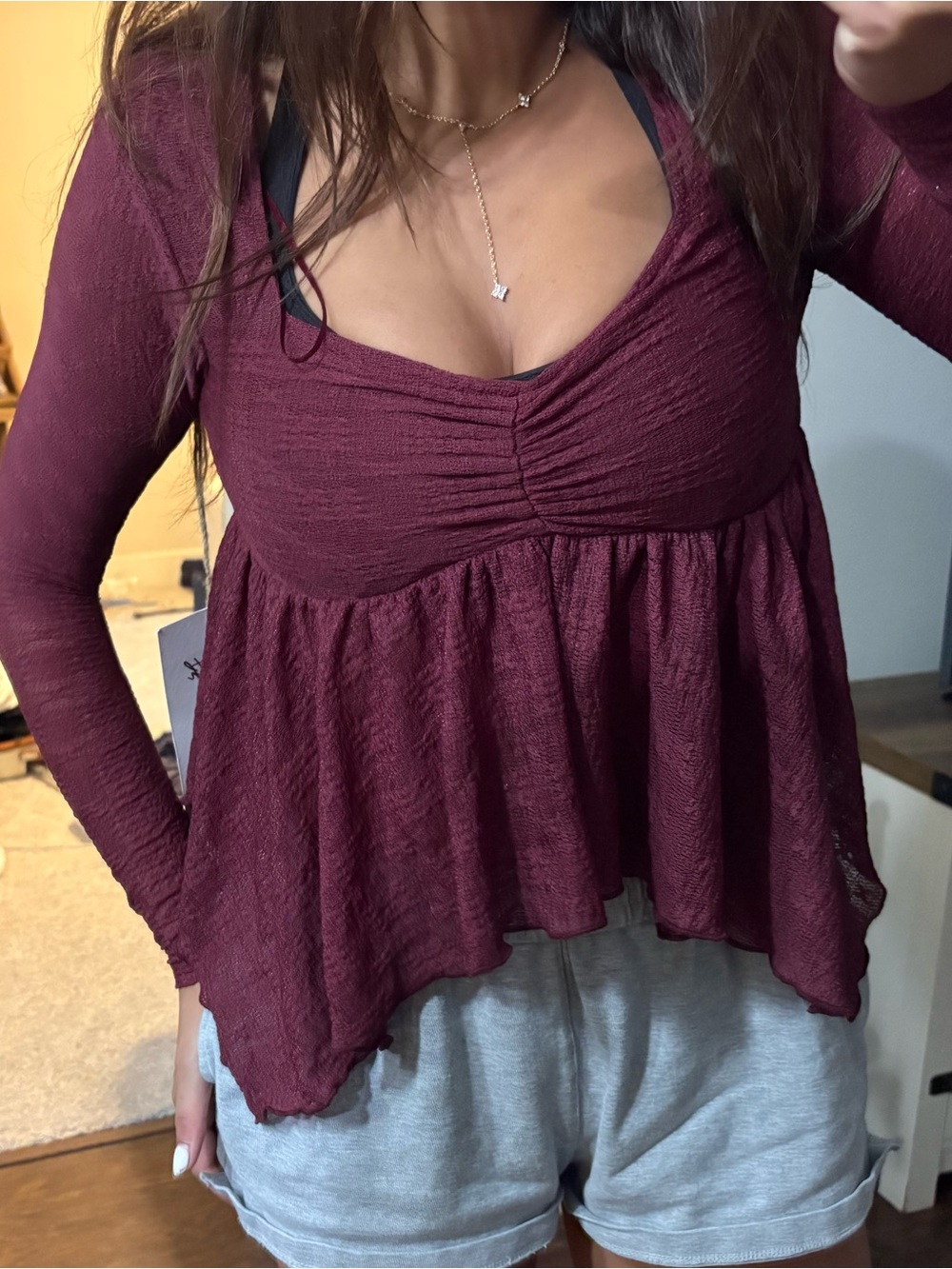 Truth be Told Top Small Women’s Long-Sleeve Ruched Babydoll Top in Burgundy